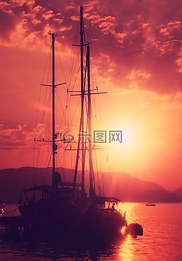 游艇,海,山