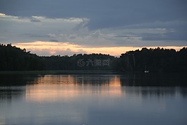 湖,日落,水
