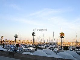 端口,日落,船