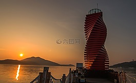 日出,燈塔,海