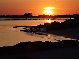 日落,海灘,旅游