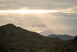 黃昏,山,日落