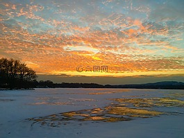 日落,冬天,湖