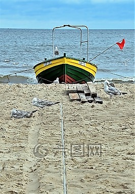 海灘,船,釣魚