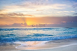 日出,海灘,波