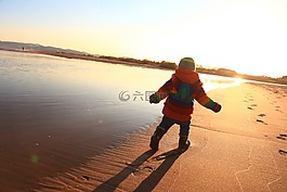 女孩,海灘,海