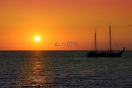 帆船,日落,海
