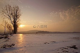 日落,冬季,雪