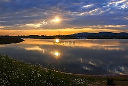 景觀,池塘,黃昏