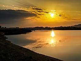 景觀,池塘,黃昏