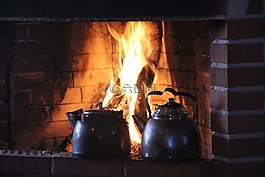 火,壁爐,熱咖啡
