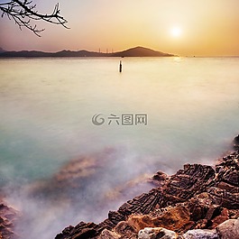 日落,海,薄霧