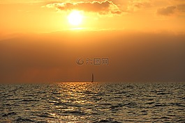日落,帆,海