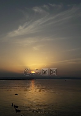 景觀,巴拉頓湖,日落