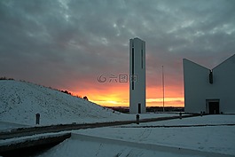 日落,雪,教堂
