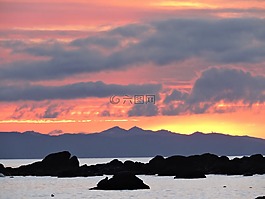 日落,海洋,岸