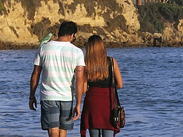 夫婦,走,海灘