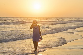 日落,海灘步行,海邊
