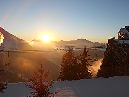 日落,山,雪