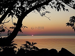 日出,太阳,水