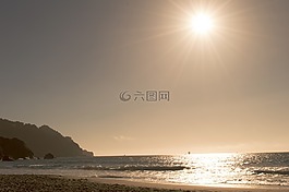日落,海灘,海洋