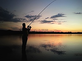 釣魚,日落,水