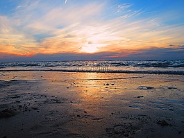 海,海灘,日落