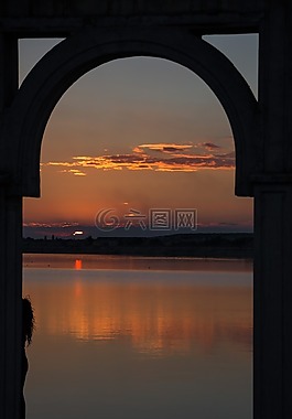 日落,湖,云