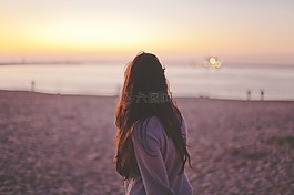 日落,女子,海灘