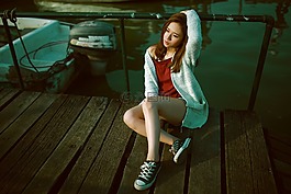 構成,坐,女子