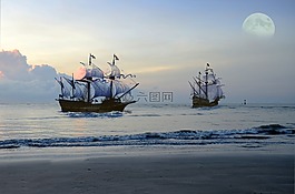 海盜船,海,月亮