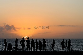 日落,海,海灘