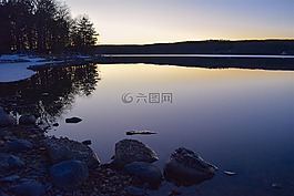 湖,日落,石