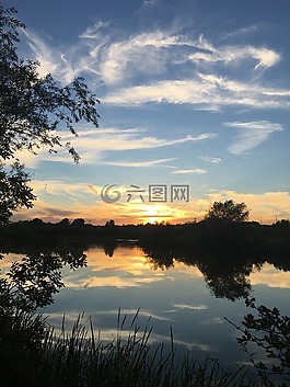 湖泊,日落,水