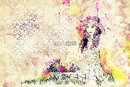 女孩,坐,鮮花
