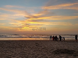海灘,晚上,日落