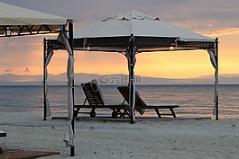 海滩,躺椅,日出