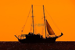 游船,日落,海