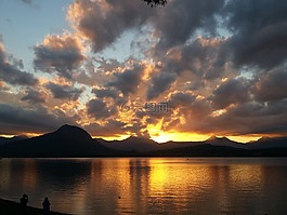 日落,湖,天空