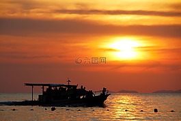 日落,影子,海