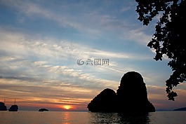 島,巖,日落