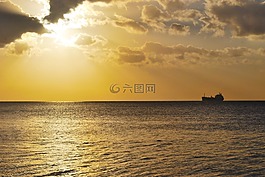 船,日落,海