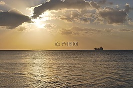 船,日落,海