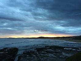 海灘,日落,巖