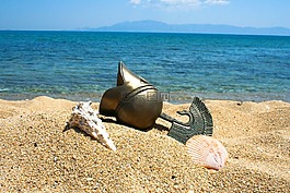 頭盔,海灘,沙