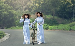 自行車,女人,綠