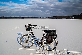 自行車,冬天,湖