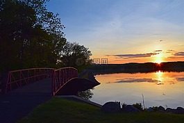 日落,湖,橋