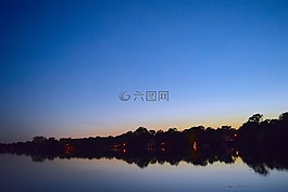 日落,湖,景觀
