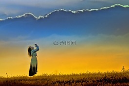 日落,女孩,崇拜